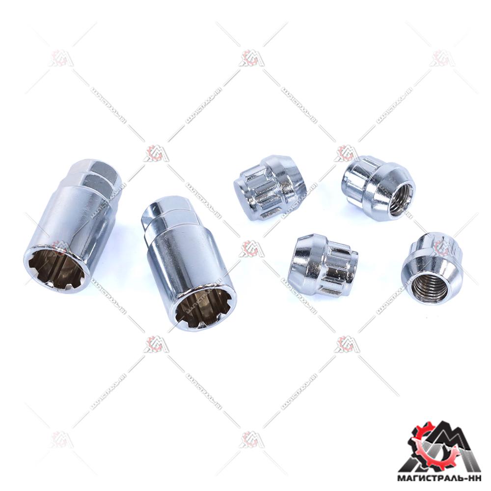 Гайка колесная секретная (кт.) M12x1,50 H=22мм Хром конус с выступом, закр., 5 луч., 2 кл. (Mатрикс)