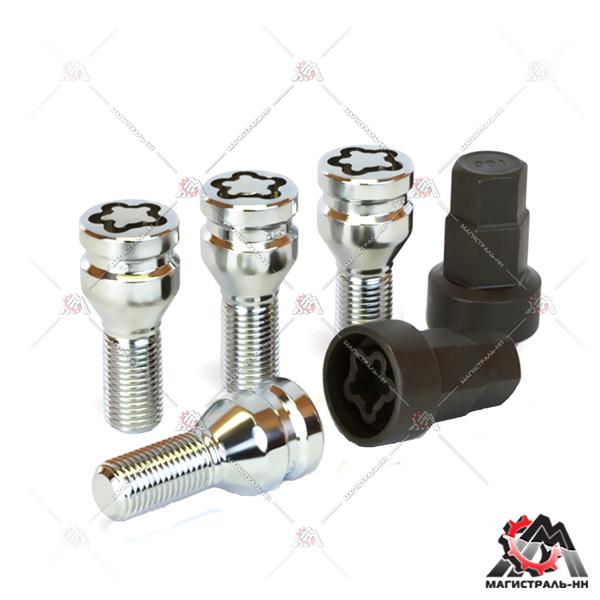 Болт колесный секретный (кт.) M12X1,50X28 675110F2 Тройной никель/хром Конус, кл. 17-19мм (ВЕКТОР)