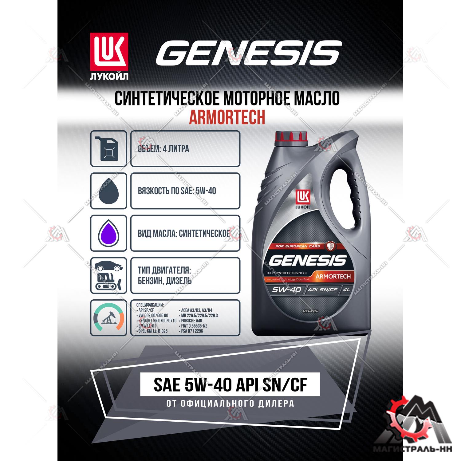 Масло ЛУКОЙЛ GENESIS моторное 5W40 ARMORTECH 4 л. (синтетика)