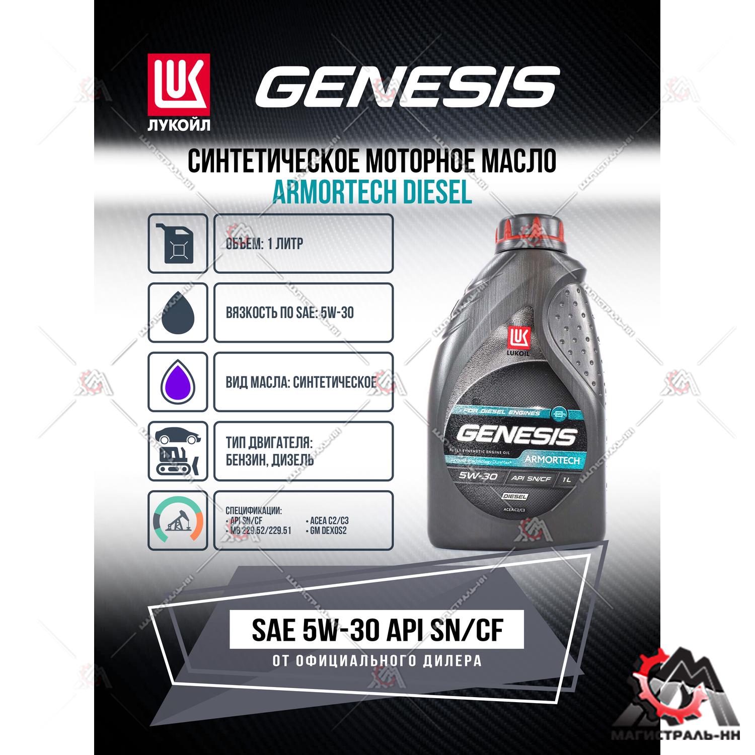 Масло ЛУКОЙЛ GENESIS моторное 5W30 ARMORTECH DIESEL 1 л. (синтетика)