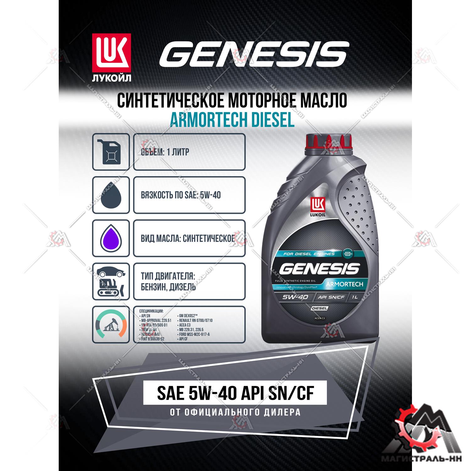 Масло ЛУКОЙЛ GENESIS моторное 5W40 ARMORTECH DIESEL 1 л. (синтетика)