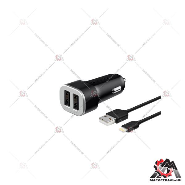 Устройство зарядное автомобильное 2 USB 2.4А + кабель Lightning, MFI, черный, Deppa