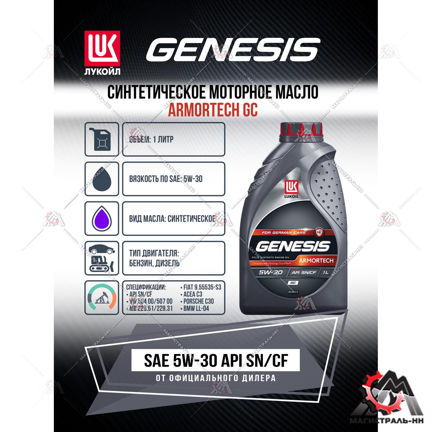 Масло ЛУКОЙЛ GENESIS моторное 5W30 ARMORTECH GC 1 л. (синтетика)